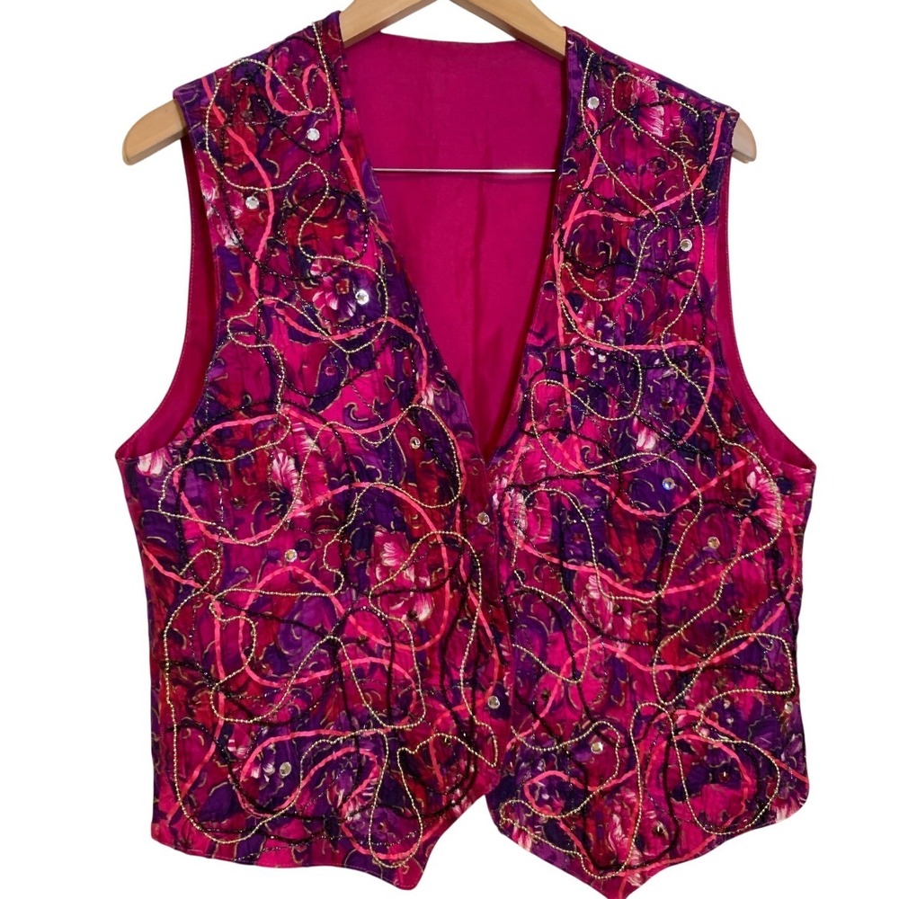 OOAK rare Vintage artsy Floral Beaded Sequin Vest L Pink Purple Maximalist Boho